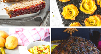 Collage aus vier Bildern von Weihnachtsessen.