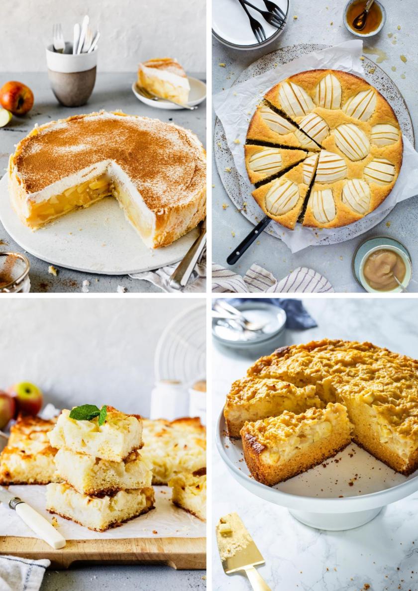 Collage aus vier Apfelkuchen in einem Bild