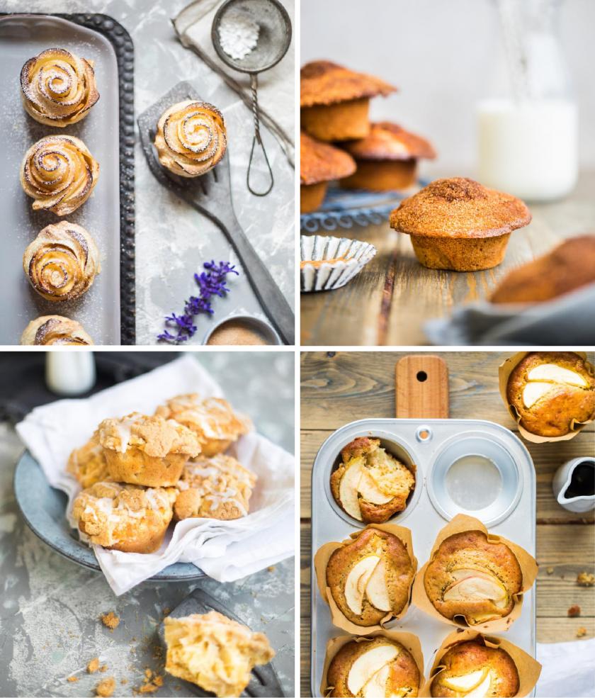 Vier Bilder mit verschiedenen Apfelmiuffins inn einem Bild zusammengefügt.