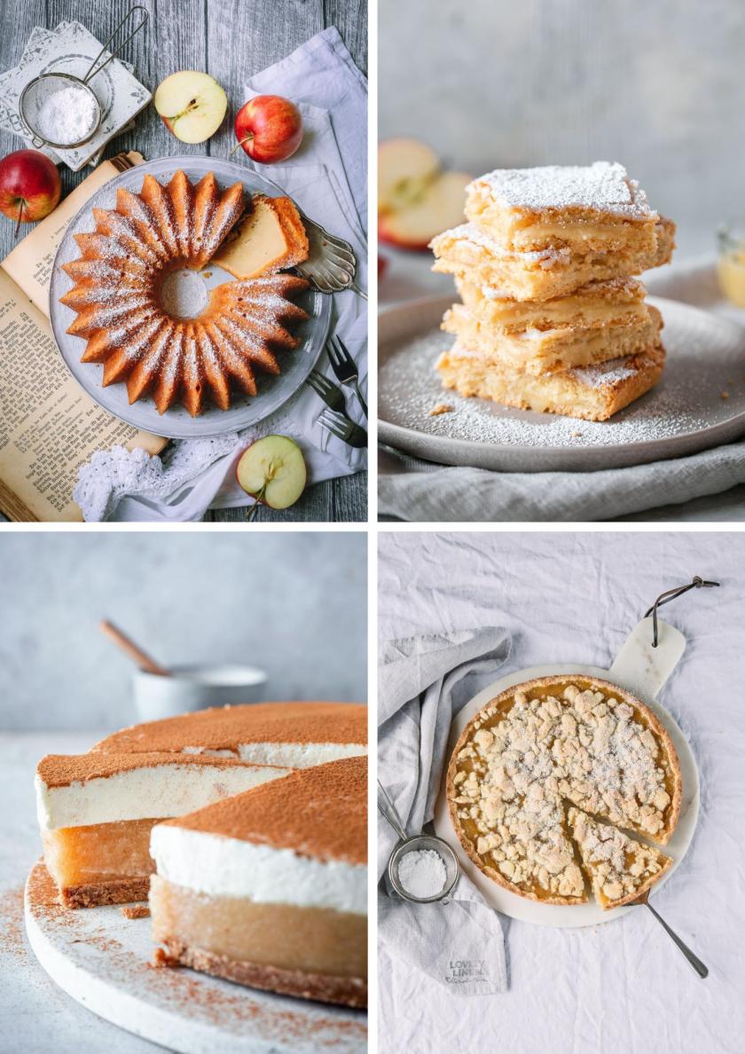 Vier verschiedene Bilder von Apfelmuskuchen in einem Bild vereint.