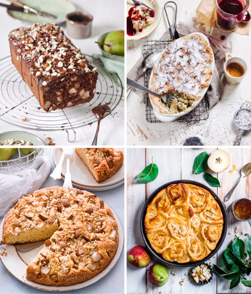 Vier Bilder von Birnenkuchen in einem Bild vereint.