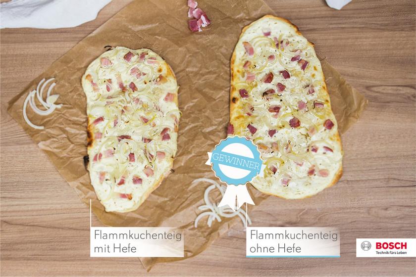 Flammkuchenteig fertig gebacken im Vergleich - einmal mit Hefe und einmal ohne.