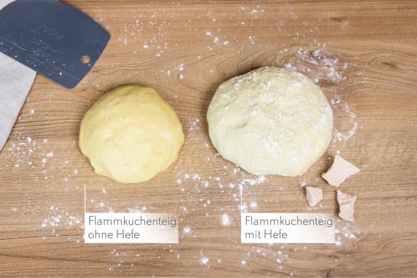 Flammkuchenteig mit und ohne Hefe auf einem Brett im Vergleich.