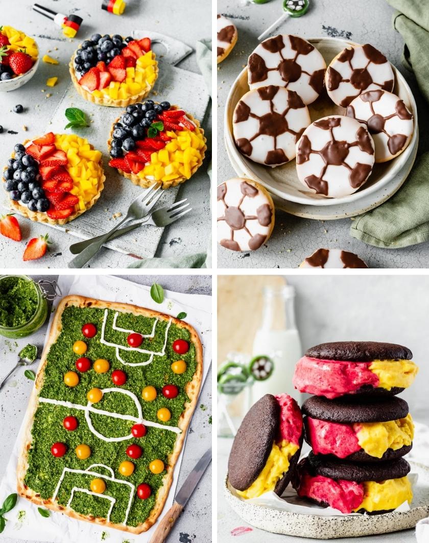 Collage aus vier Fußball-Snacks