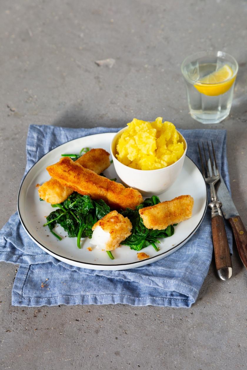 Fischstäbchen mit Spinat und Kartoffeln im Cookit