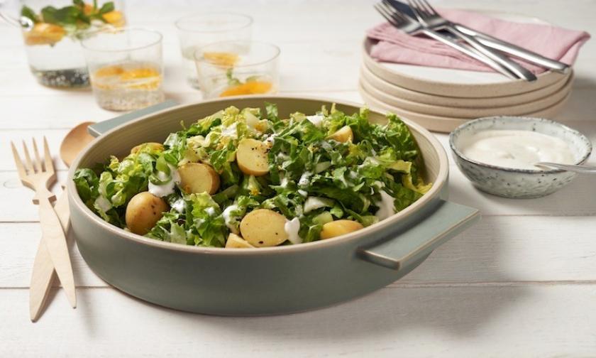 Grüner Salat mit kleinen Kartoffeln und Orangen-Sahne-Dressing im ...
