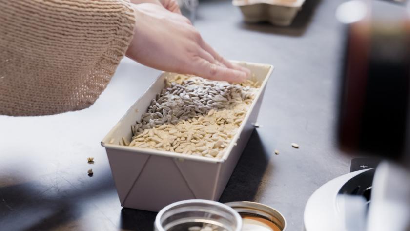 Der Teig für das Haferflockenbrot in einer Kastenform wird mit Sonnenblumenkernen bestreut.