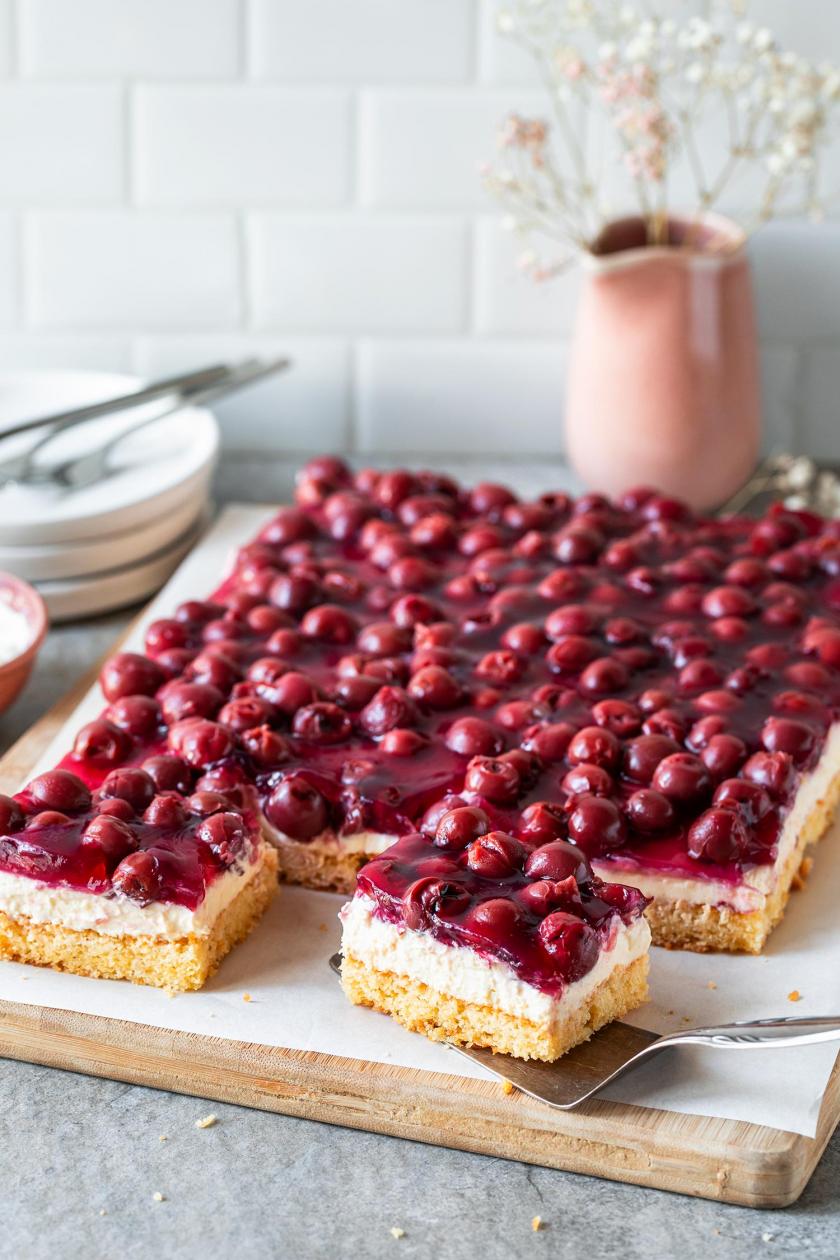 Blechkuchen mit Schmand und Kirschen angeschnitten auf einem Kuchengitter