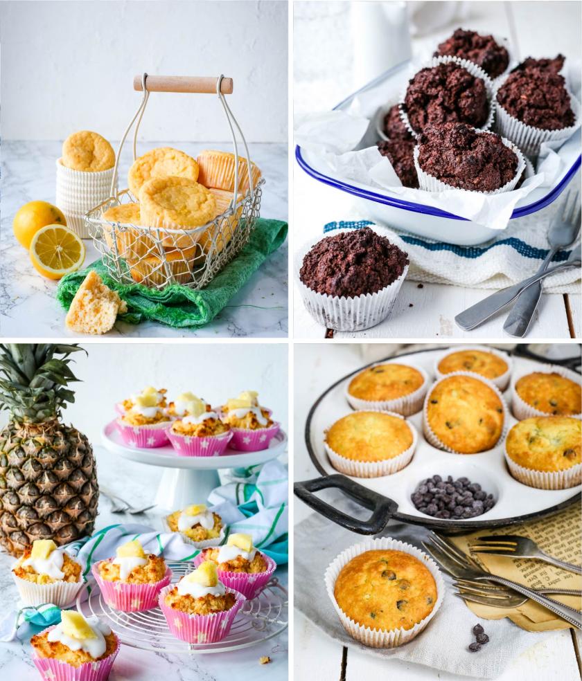 Collage aus 4 Bildern von Low carb Muffins zu einem Titelbild zusammengefügt