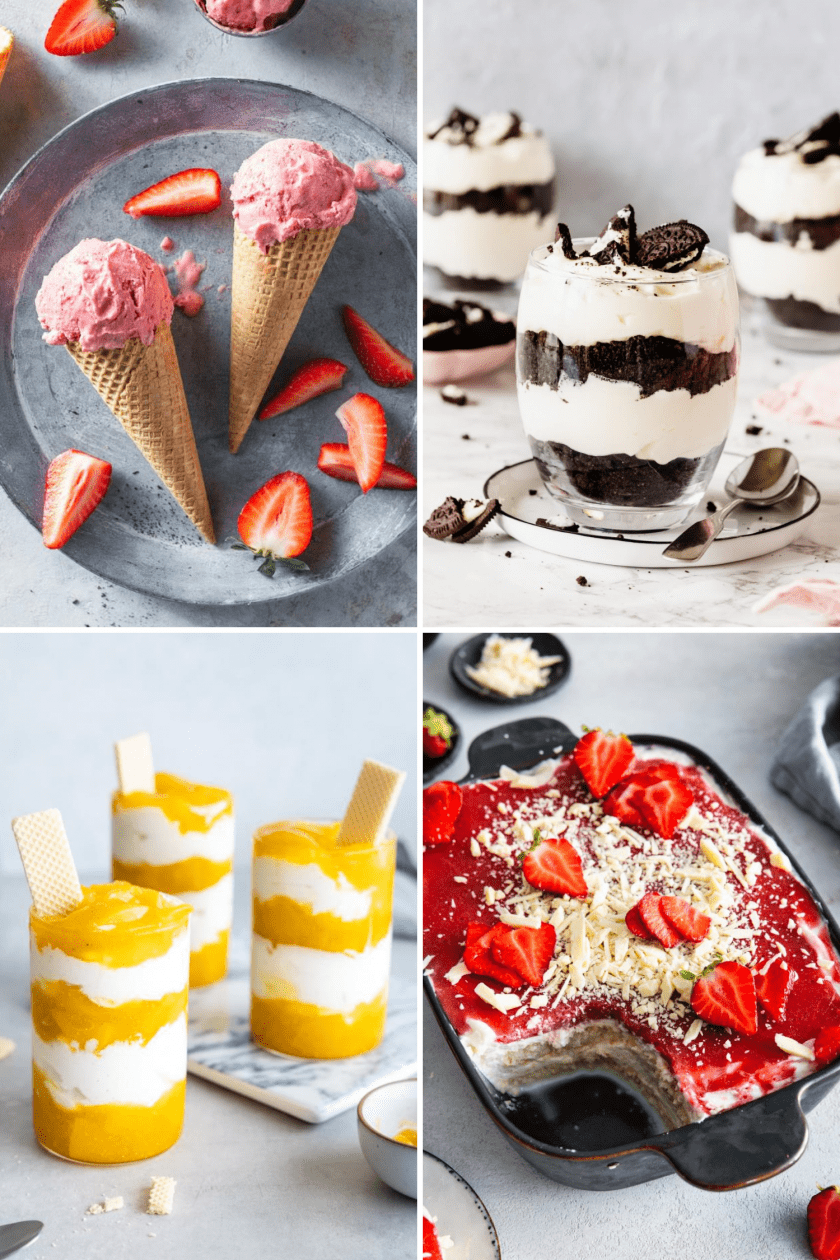 Vier Sommer Desserts im Glas und in Auflaufform