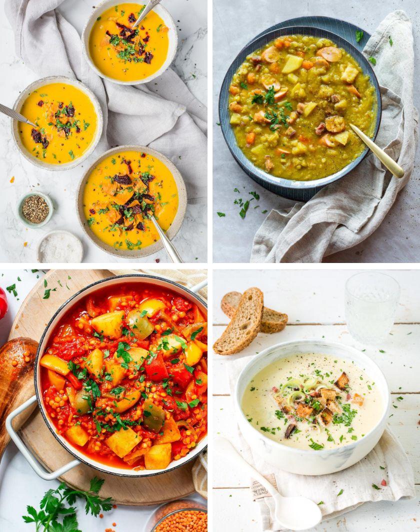 Vier Bilder von Wintersuppen in einem Bild vereint.