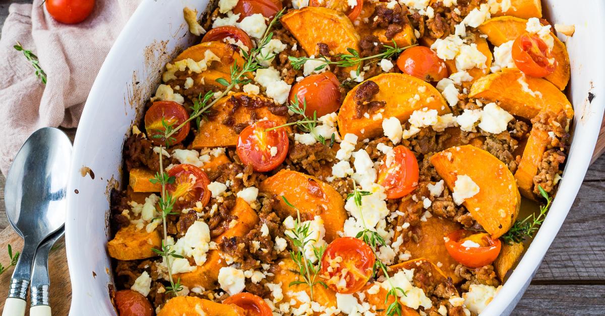 Süßkartoffel-Auflauf mit Hackfleisch und Feta
